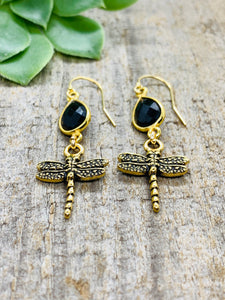 Gold Fill Black Onyx Dragonfly Earrings